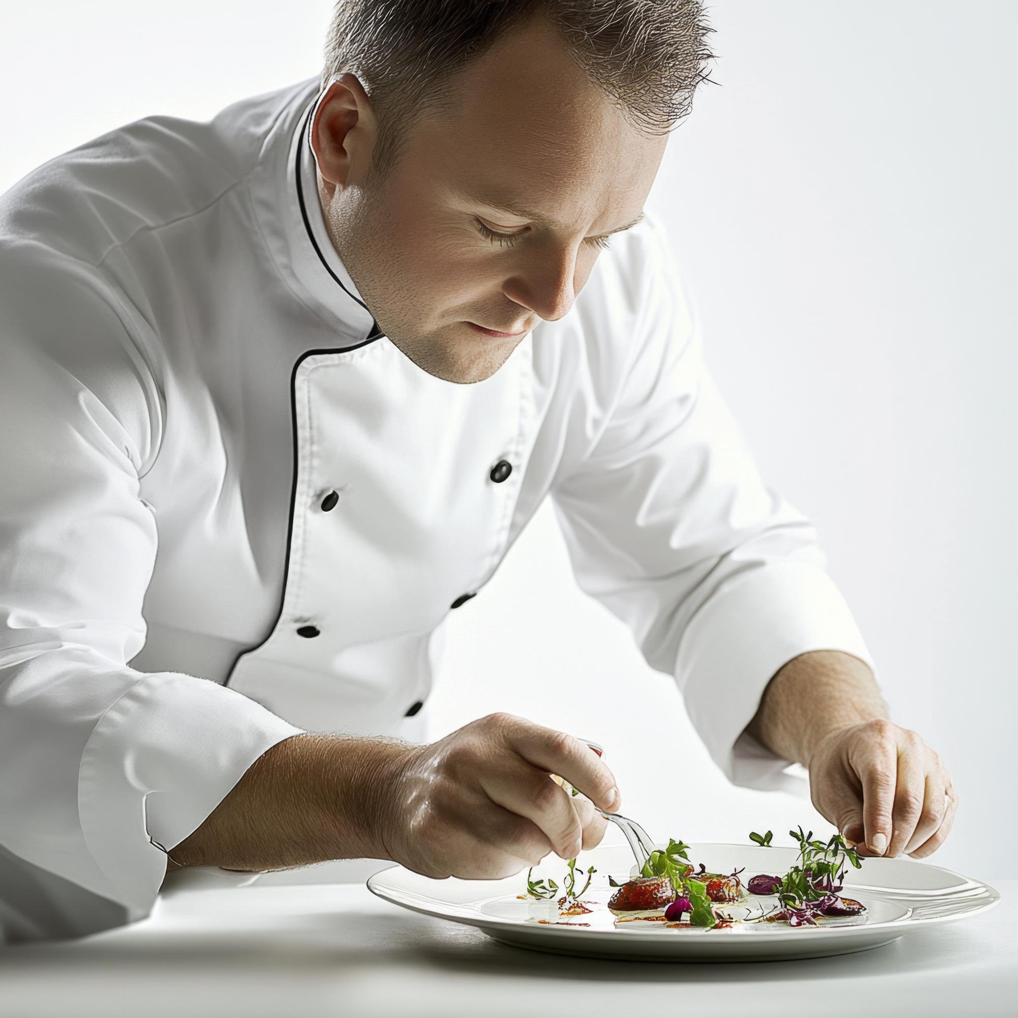 Chef plating a gourmet dish on dark ceramic plate